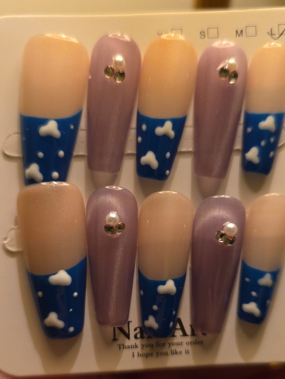 Classic Nude and Lavender Press-On Nail Set with Blue Accent Size Large